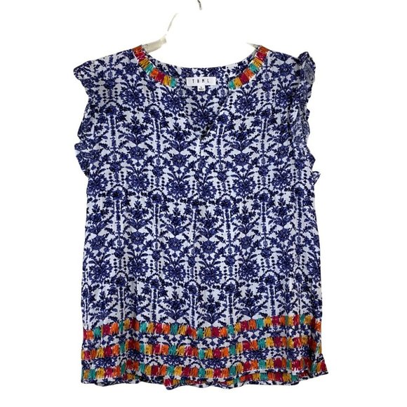 THML Tops - THML Nordstrom Blue Embroidered Neckline Sleeveless Festive Top Womens Large